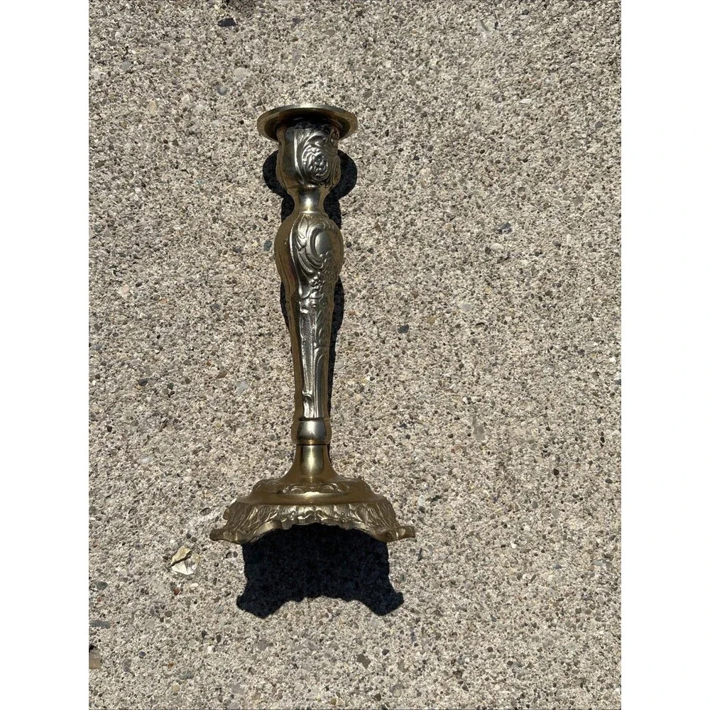 Vintage Brass Candlestick Rococo Baroque Floral Taper India Victorian Heavy
